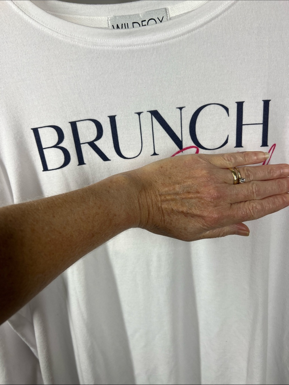 WILDFOX White Tee with Navy 'BRUNCH' Lettering